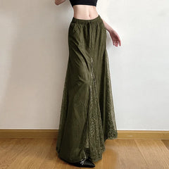 Vintage Suede Nap Lace Patchwork Hem Zip Long Skirt Cyber Y2K Chic Drawstring Pocket A-line Skirts Lady Grunge Streetwear