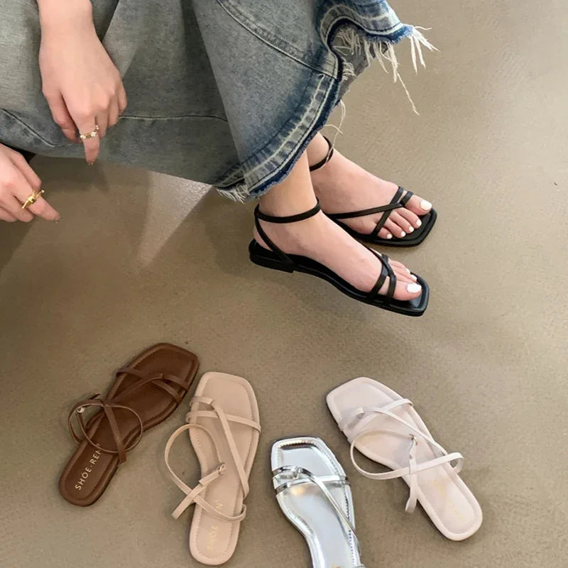 Gladiator Sandals Elegant Narrow Band Clip Toe Shoes Ladies Comfort Flats Beach Sandalias