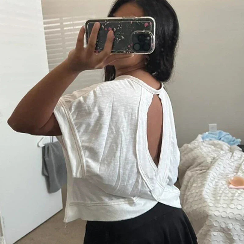 Gothic Slim Retro Back Hollow Casual Short-sleeved T-shirt Y2k Style Harajuku Cut Top Casual Street White Crop Top