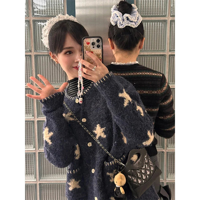 Vintage Star Knitted Cardigan Harajuku Print Sweater Outerwears Korean Long Sleeve Knitwears Ladies Casual Jumpers