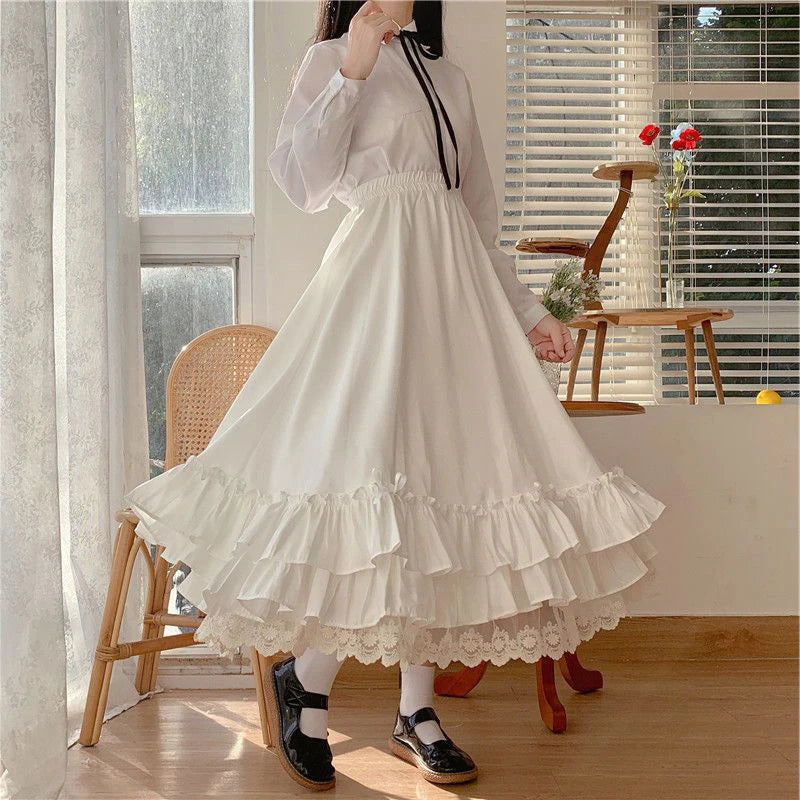 Sweet Midi Skirt Lace Patchwork Bow Preppy Fall Loose Casual Skirts Japanses Ruffle High Waist Solid Chic Skirt
