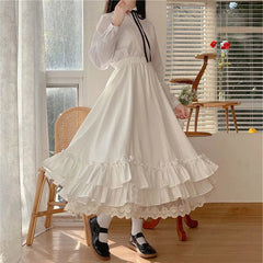 Sweet Midi Skirt Lace Patchwork Bow Preppy Fall Loose Casual Skirts Japanses Ruffle High Waist Solid Chic Skirt