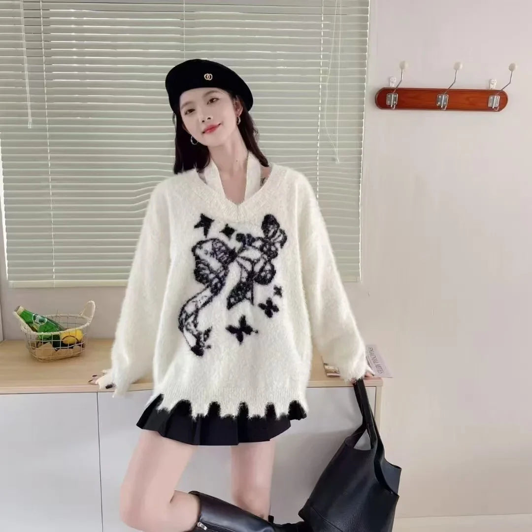 American Green Bow Neck Sweater Loose Print Pattern Vintage High Street Lazy Wind Knitted Sweater