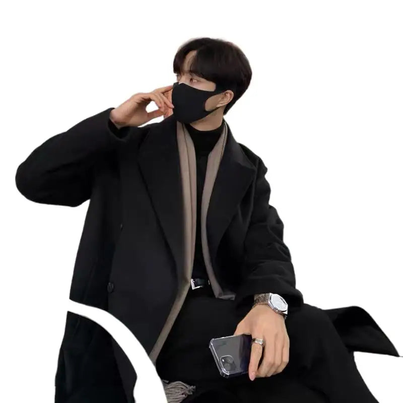 Trench Black Thick Woolen Trench Coats Korean Style Male Casual Trenchcoat Streetwear Windbreaker