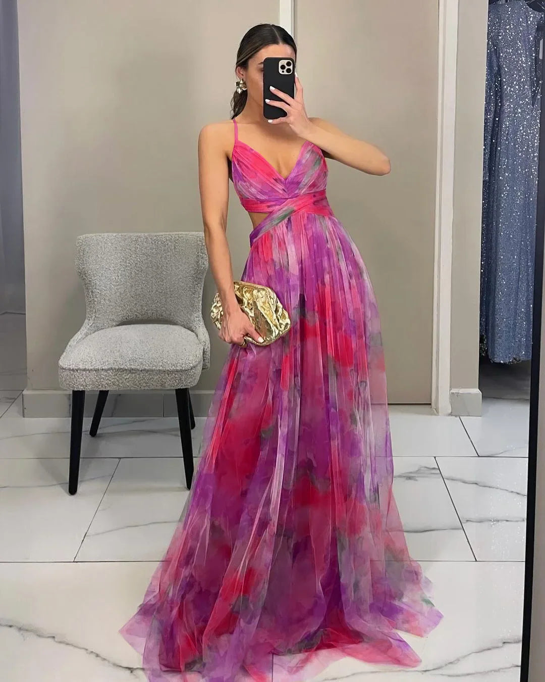 Elegant Print Pleated Mesh Evening Dress Off Shoulder Ins Vacation Long Dress V Neck High Waist Backless Sling Dress