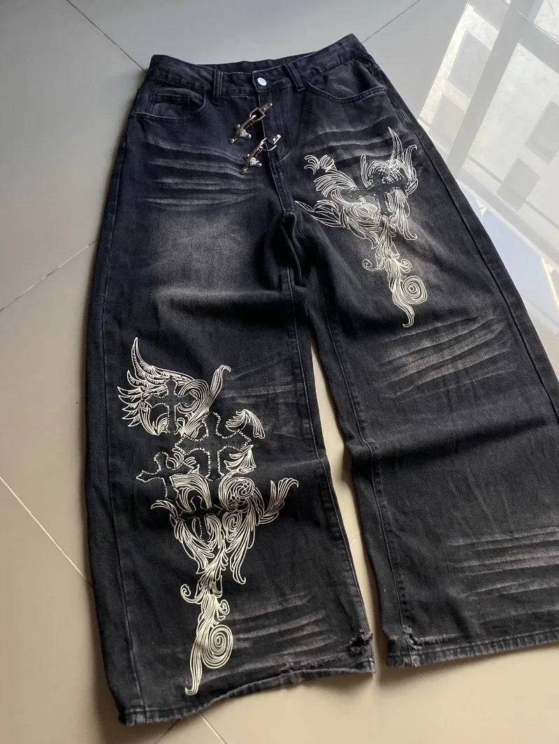 American Vintage Pattern Printing Black Baggy Jeans Y2K Gothic Harajuku Hip Hop Casual Joker Wide-leg Pants