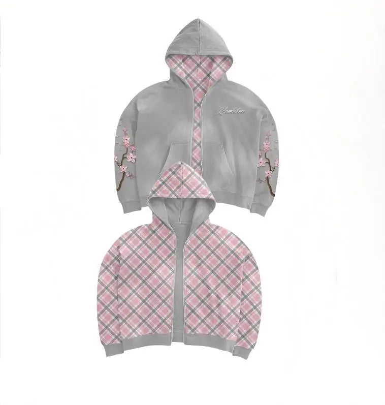Y2K Vintage Cherry Blossom Embroidery Zipper Hoodie Harajuku Loose Reversible Simple Grid Jacket Pink Coat Streetwear