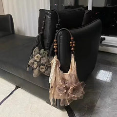 Chinese Style Rose Decor Shoulder Bags Commuter Tote Bags Classic Pleated Handbags Underarm Bags