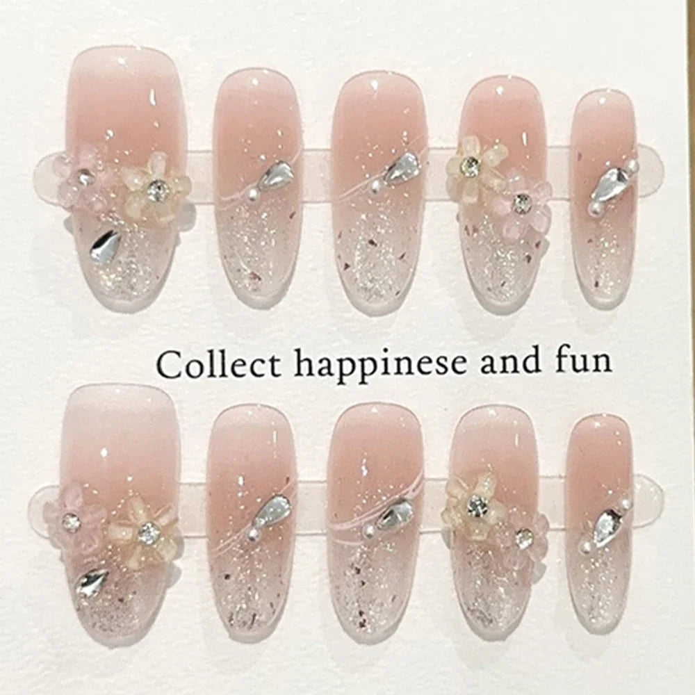 Sweet Lovely Cartoon Bear Long Coffin Stiletto Fake Nails Bowknot Pearl Diamond Flowers Cat Eyes Wearable Fake Nails