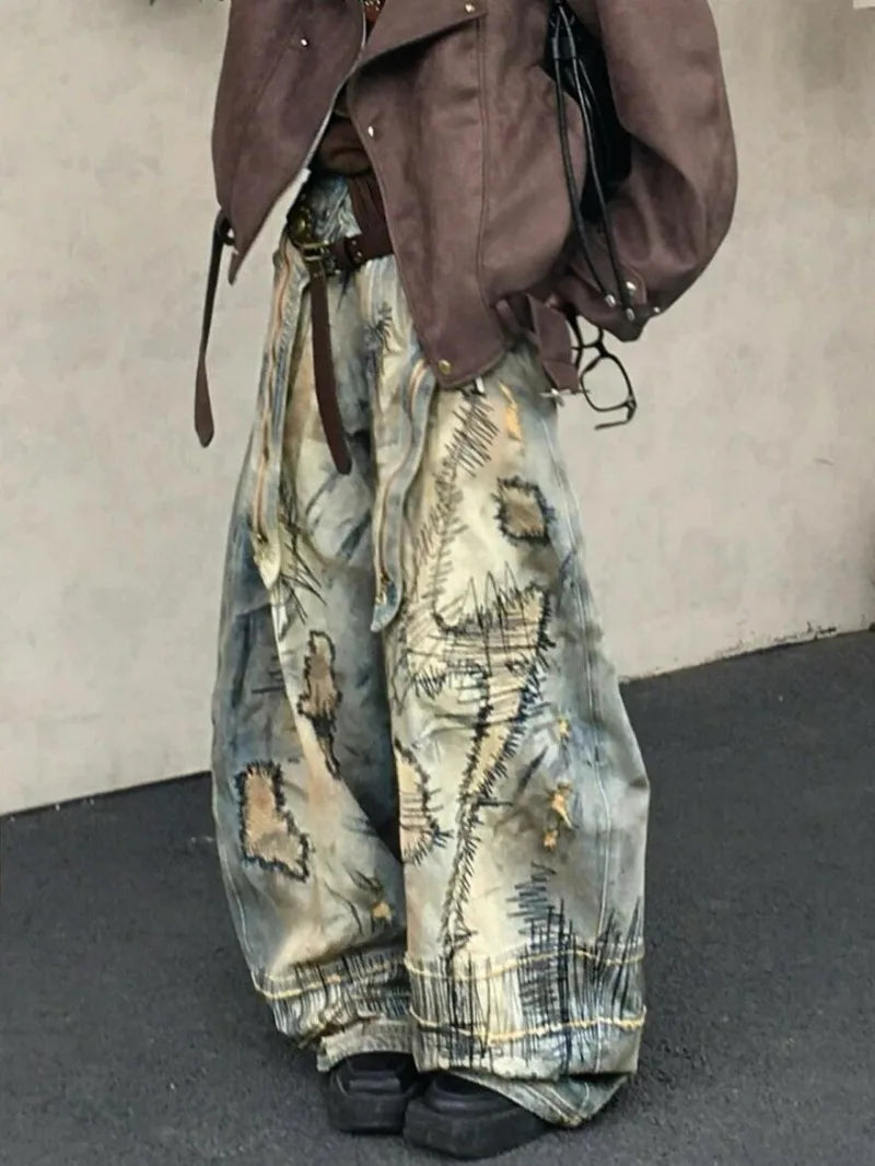 American Street Destruction Style Embroidered Denim Pants Oversized Retro Wash Personality Loose Casual Wide Leg Jeans