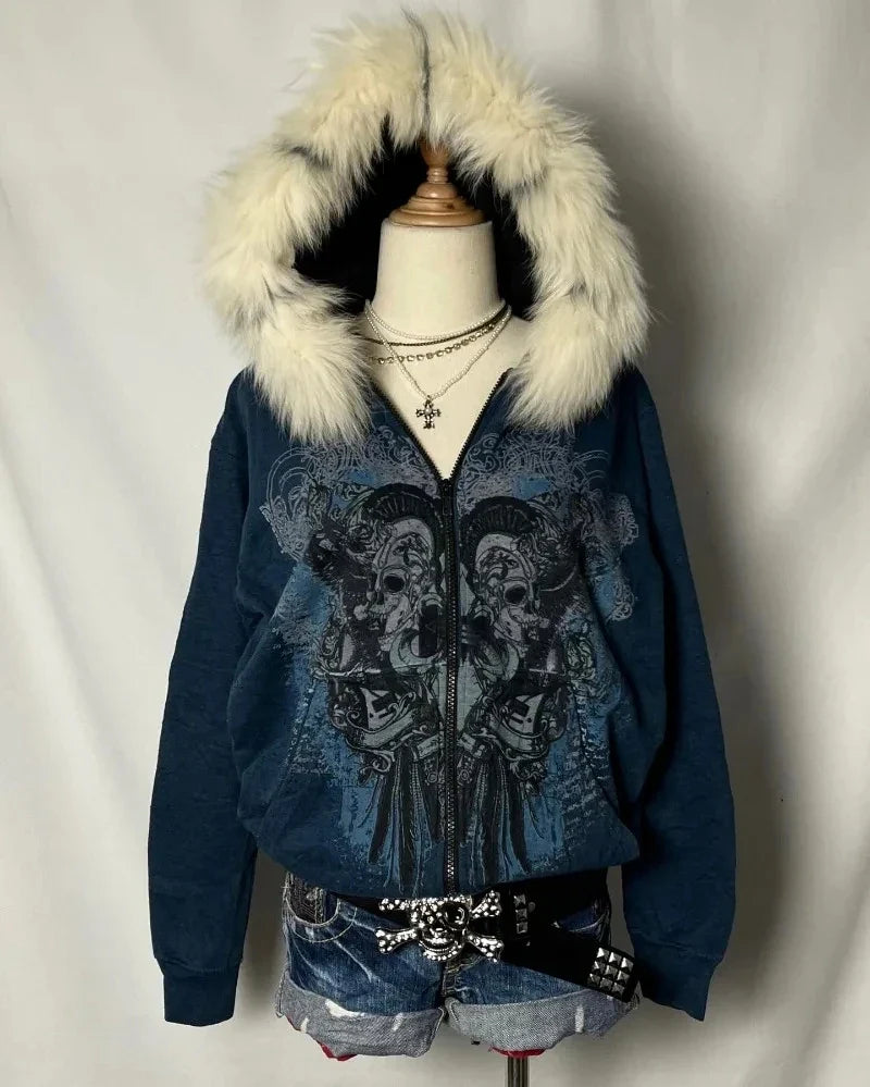 American Letter Embroidery Patch Zipper Sweater Y2K Harajuku Vintage Gothic Casual Joker Sports Sweater