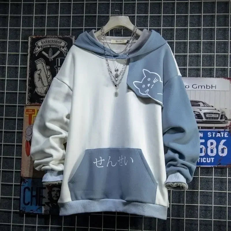 Japanese Style Hoodie Hooded Cute Cat Print Patchwork Teen Hoodies Anime Harajuku Male Sweatshirt