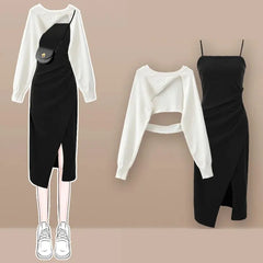 Vintage Short Knit Blouse+Split Sling Skirt 2-Piece Suit Korean Elegant Long Sleeve Top Dress Matching Set