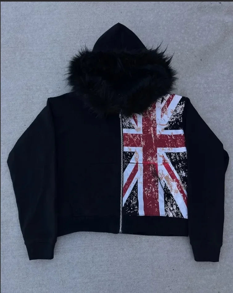 American Retro Rock Gothic Graphic Fur Collar Loose Zipper Sweatshirt Y2K Harajuku Punk Casual Joker Hoodie Streetwear