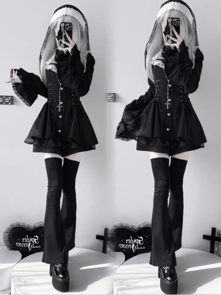 Gothic Vintage Girl Slim Patchwork Dress High Street Lace Skinny Long Sleeve Dresses France Sweet White Clothing New