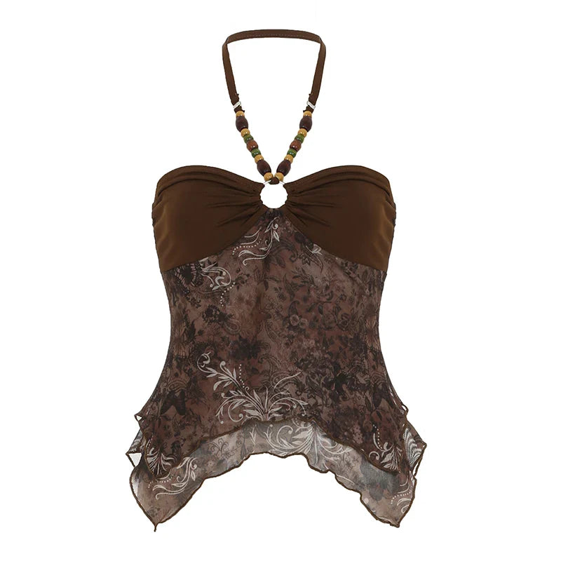 Retro Print Beading Halter Tanks Chic Trendy Slim Fit Spliced Blouses