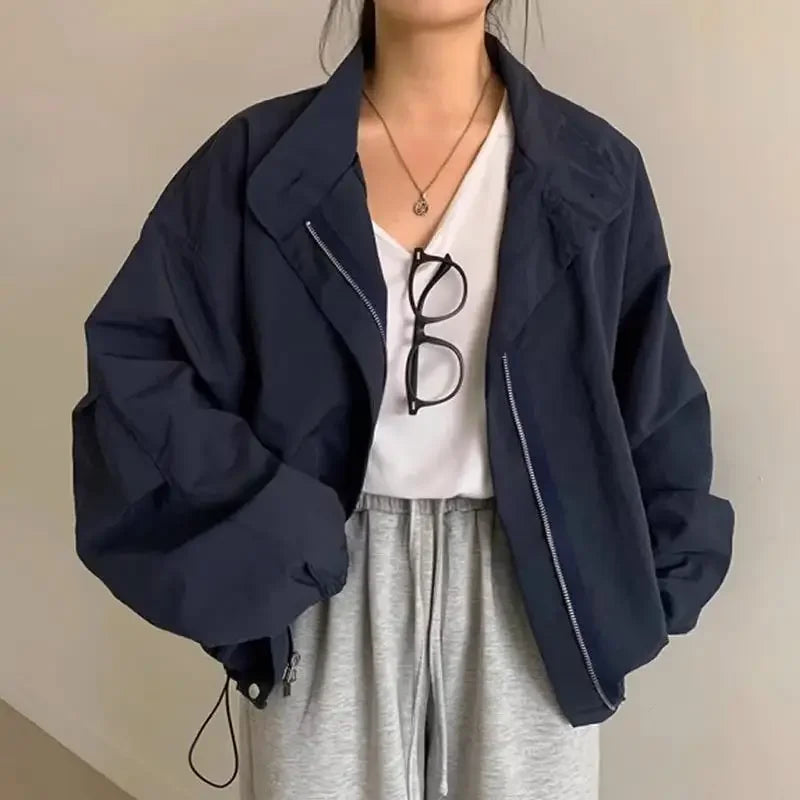 ChicSimpleVintage Long Sleeve Jacket Loose Fit Casual Versatile Turtle Neck Foldable Design Half Polo Jacket