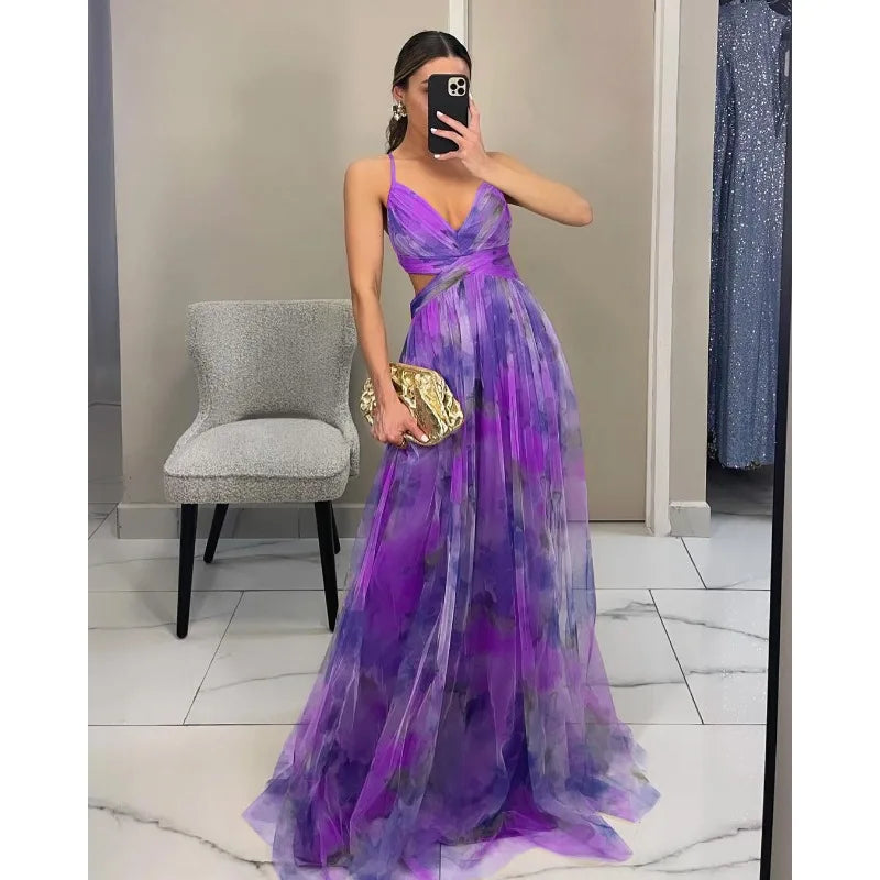 Elegant Print Pleated Mesh Evening Dress Off Shoulder Ins Vacation Long Dress V Neck High Waist Backless Sling Dress