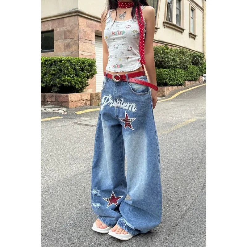 Blue Gothic Ripped Jeans Baggy Denim Trousers Harajuku Oversize Jean Pants Vintage 2000s Trashy Clothes