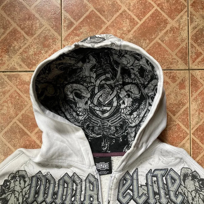 Vintage Oversized Skull Graphic Zipper Hoodie Y2K Harajuku Hip Hop Gothic Couple Casual Joker Sweatshirt Coats