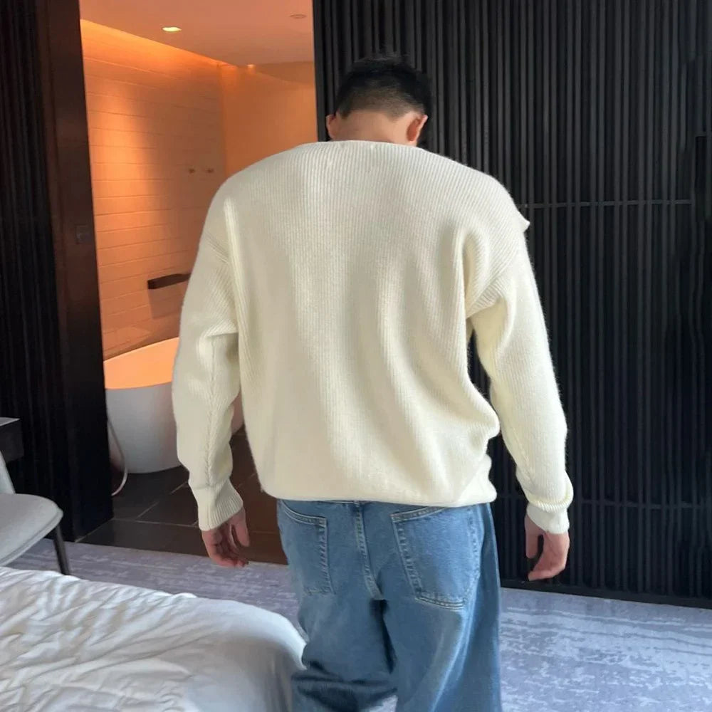 Mens Sweater Buckle Off-Shoulder Sweater Streetwear Youth Campus Versatile Long-Sleeved Top Clothing New