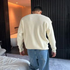 Mens Sweater Buckle Off-Shoulder Sweater Streetwear Youth Campus Versatile Long-Sleeved Top Clothing New