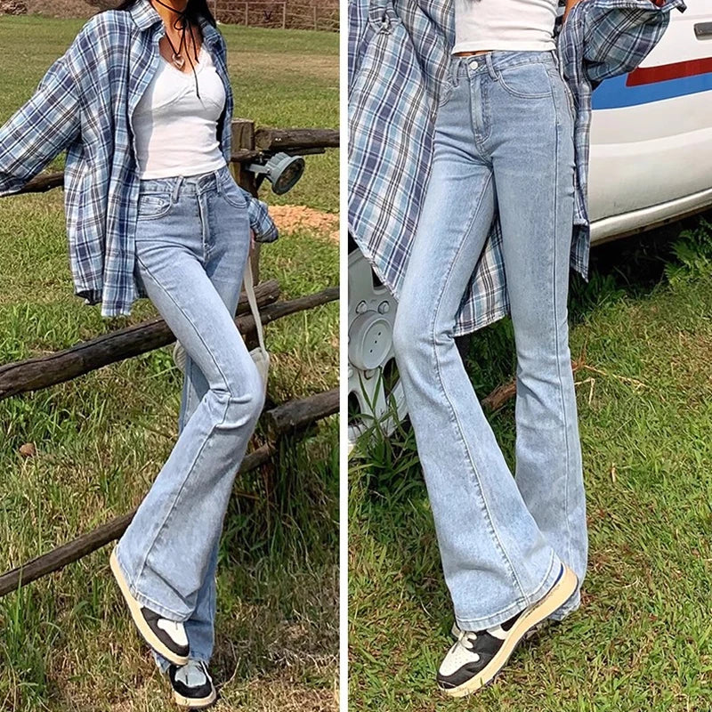 Elastic High Waist Bell Bottom Jeans High Street Designer Flare Pants Lady Blue Black Gothic Denim Trousers