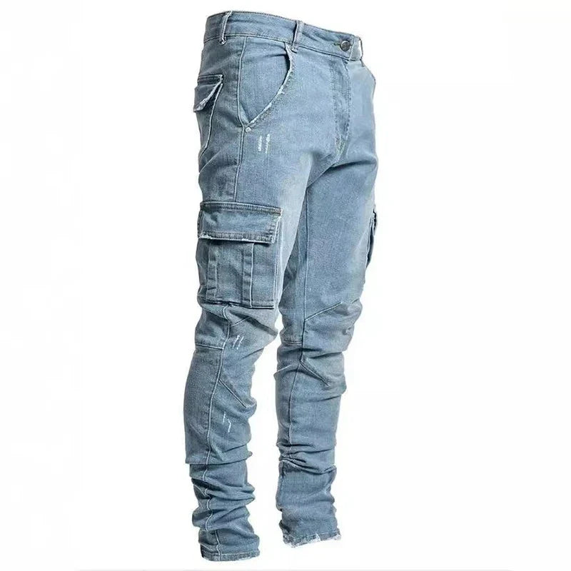 Street Elastic Denim Jeans Wash Solid Color Multi Pockets Cargo Pants Casual Slim Fit Daily Wear Joggers Mid Waist Trousers