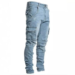 Street Elastic Denim Jeans Wash Solid Color Multi Pockets Cargo Pants Casual Slim Fit Daily Wear Joggers Mid Waist Trousers