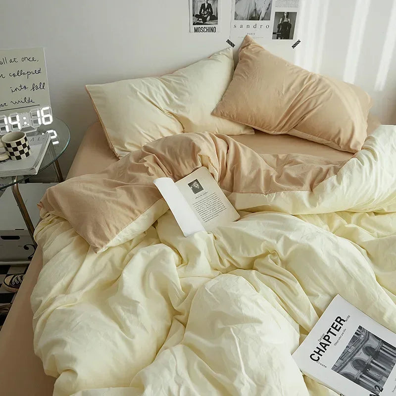 Solid Color Double Washed Cotton Bedding 4 Pieces Set Student Dormitory Bed Linen Duvet Set Bed Suit