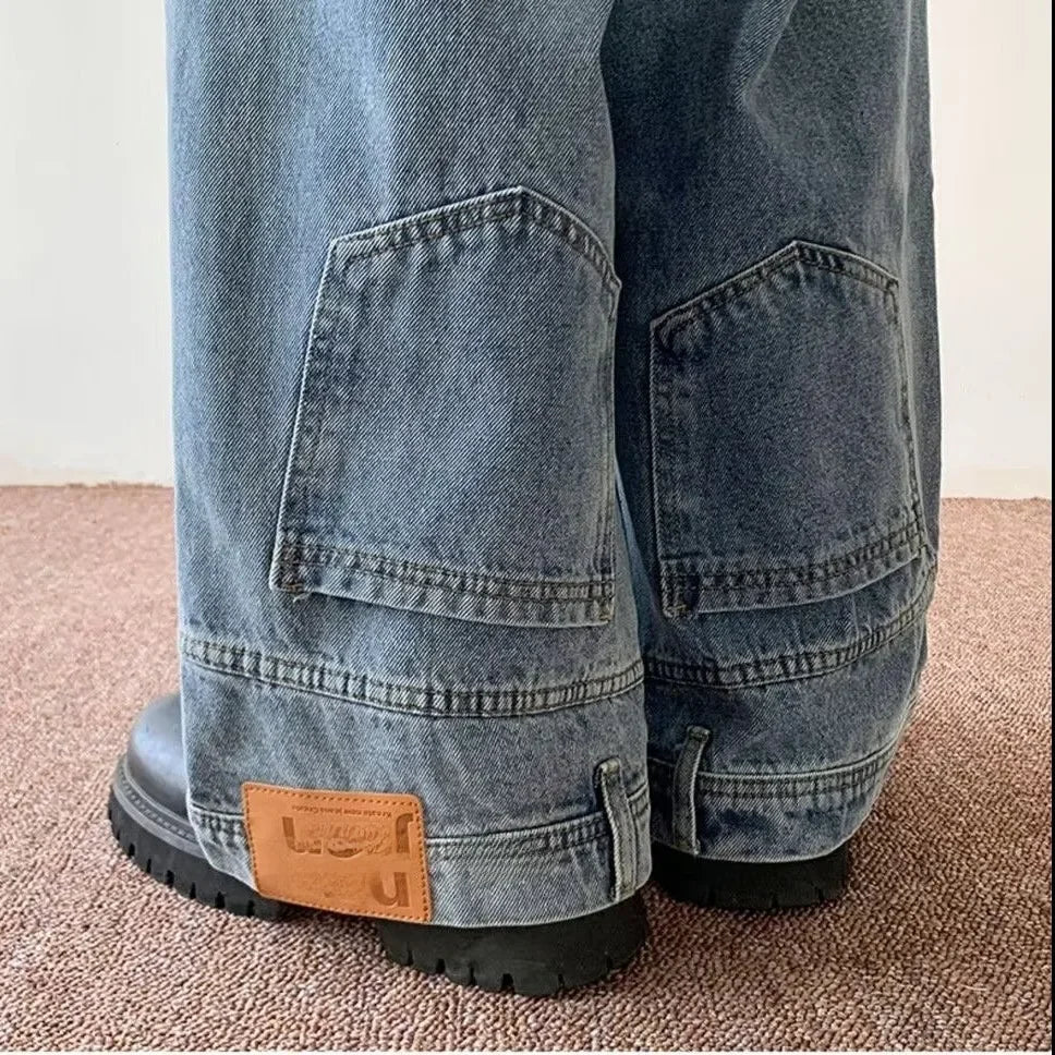 American Style High Street Upside Down Design Sensibility Jeans European Hip Hop Streetwear Fit Straight Leg Pants