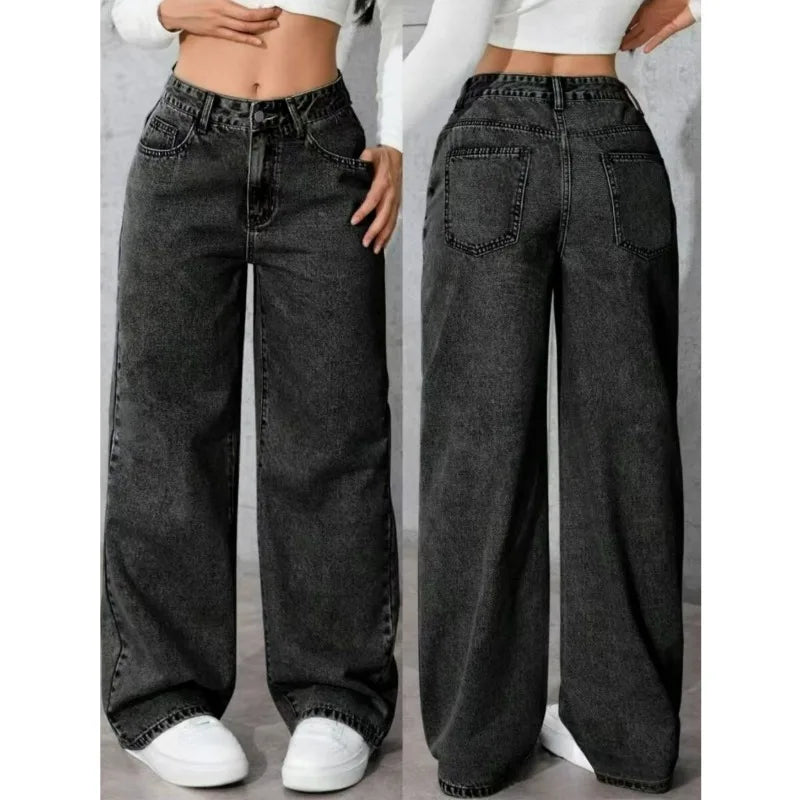 Classic Wide Leg Stretch Jeans with Button Soft Comfortable Vintage Wash Stylish Jeans High Street Pants