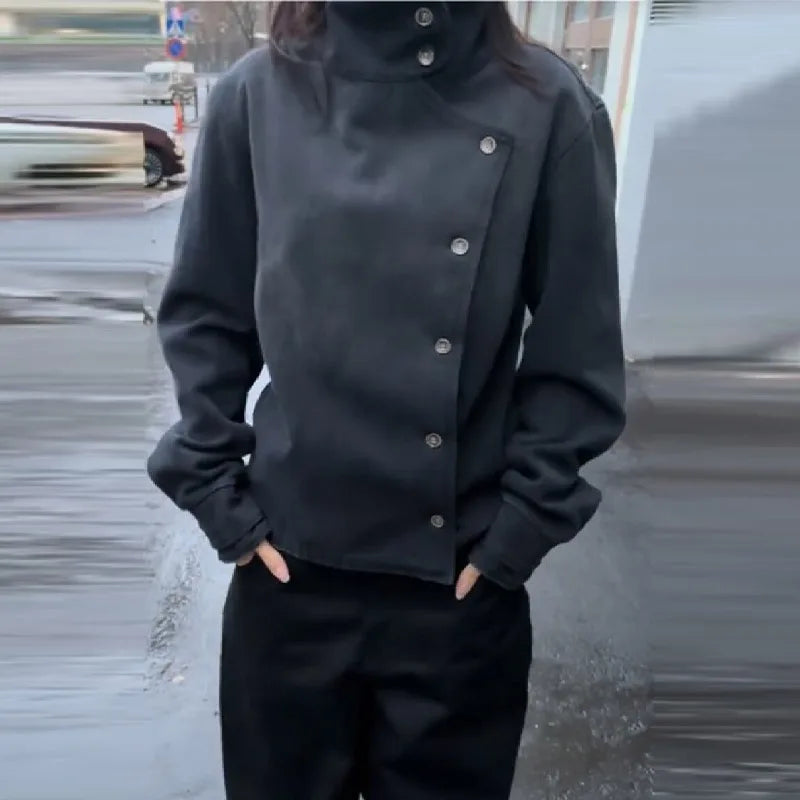 Y2K Harajuku Retro Functional Style Slant Collar Jacket Gothic Stand Collar Easy Jacket Street Black Jacket