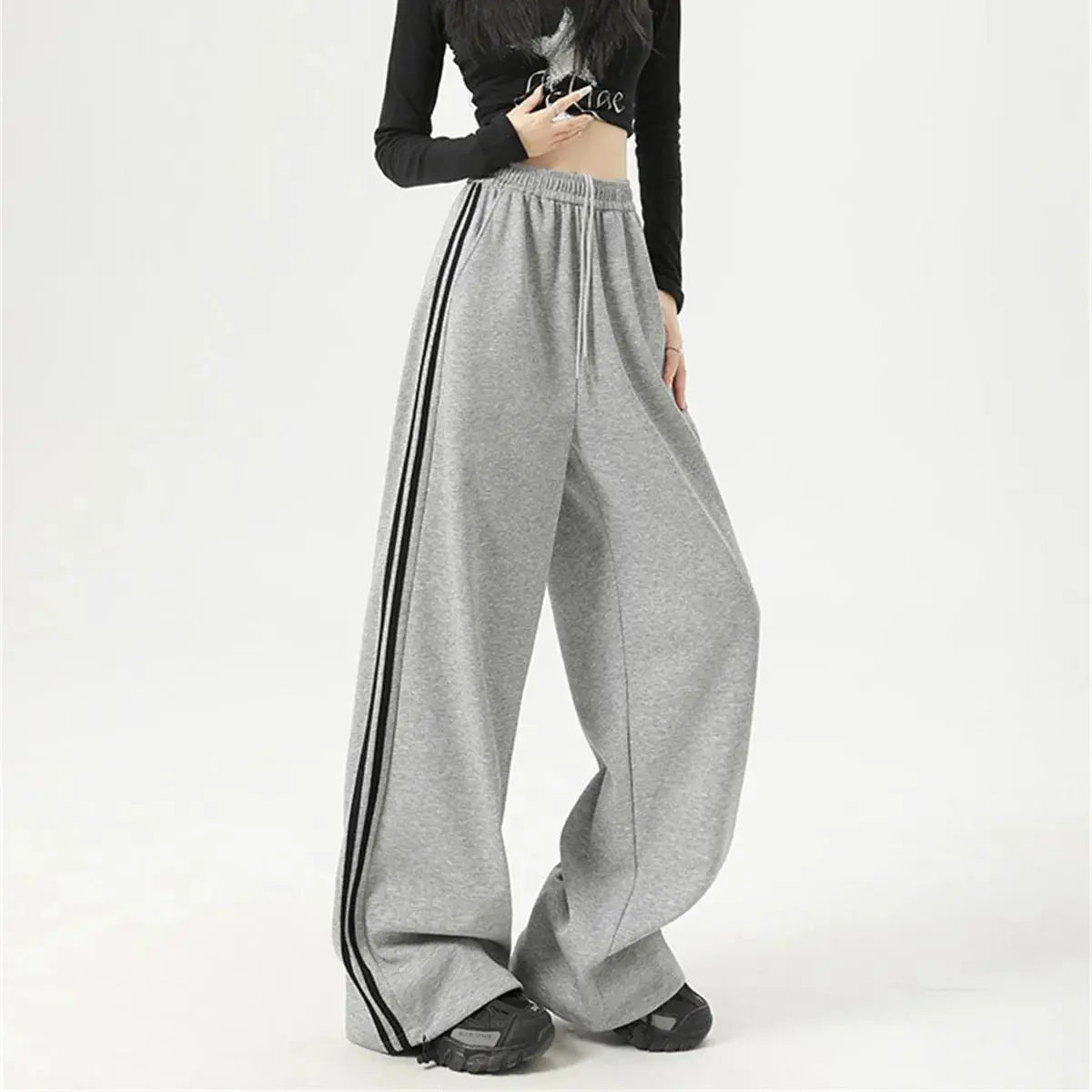 Stripe Chic Straight Pant Retro Sports Sweatpants High Waist Color Blocked Trouseres Lady Casual Streetwear