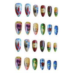 24pcs Cute Cartoon Fake Nail Tips Oil Painting Series Printed Almond Press On Nail Sweet Cool Charming False Nail