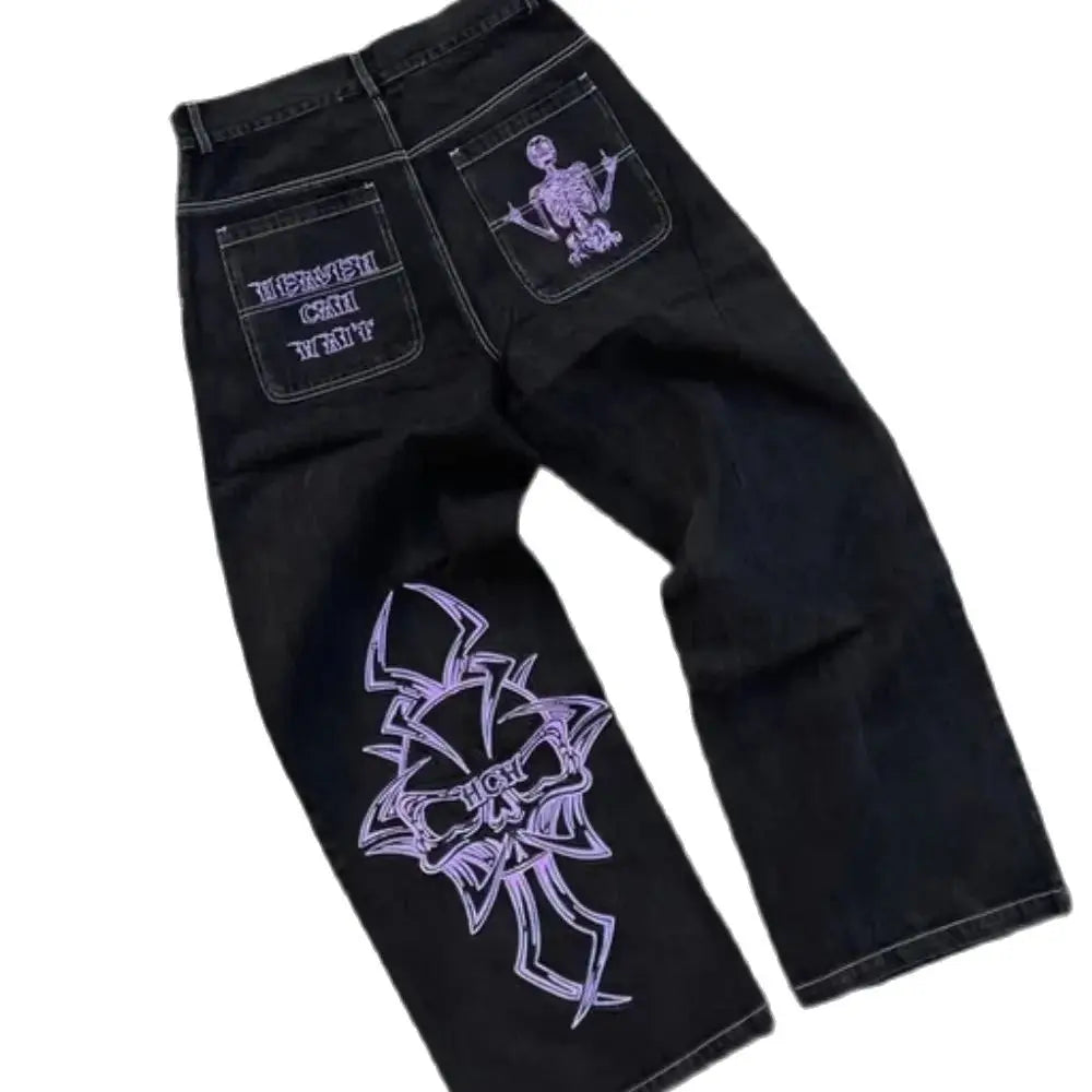 Retro Skull Embroidery Y2K Jeanss Hip Hop Washed Baggy Denim Pants Straight Casual Loose Wide Leg Trouser Streetwear