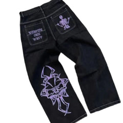 Retro Skull Embroidery Y2K Jeanss Hip Hop Washed Baggy Denim Pants Straight Casual Loose Wide Leg Trouser Streetwear