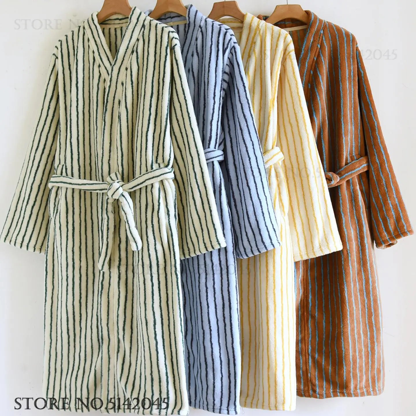 Robe Home Dress Thicken Flannel Bathrobe Kimono Gown Loose Print Stripe Sleepwear Coral Fleece Loungewear