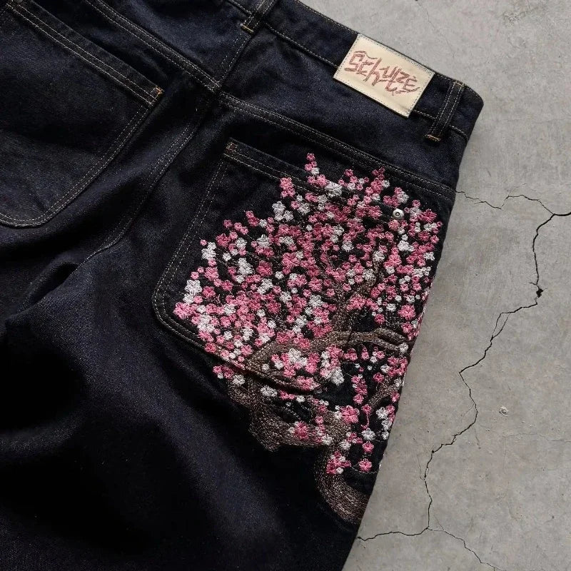 Baggy Jeans Plum Blossom Embroidery Y2K Harajuku Vintage Wide Leg Pants Denim Fabric Street Wear