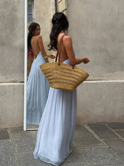 Casual Blue Pleated Sling Long Dress Elegant Sleeveless Backless Off Shoulder Slim Fit Dresses Beach Party Robe