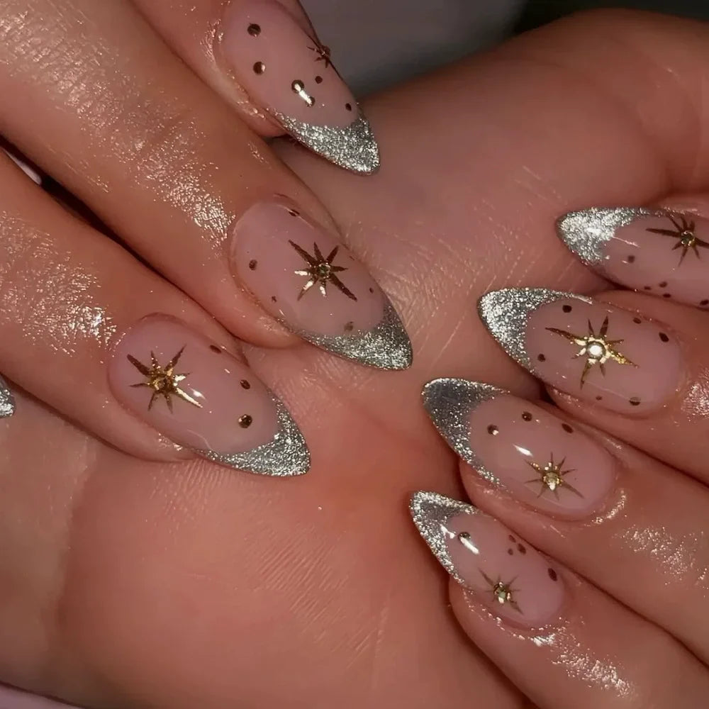 24Pcs Almond Pure Handmade Press On Nails Full Cover Butterfly French Pearl Diamond False Nails Wearable Manicure Nail Tips Art