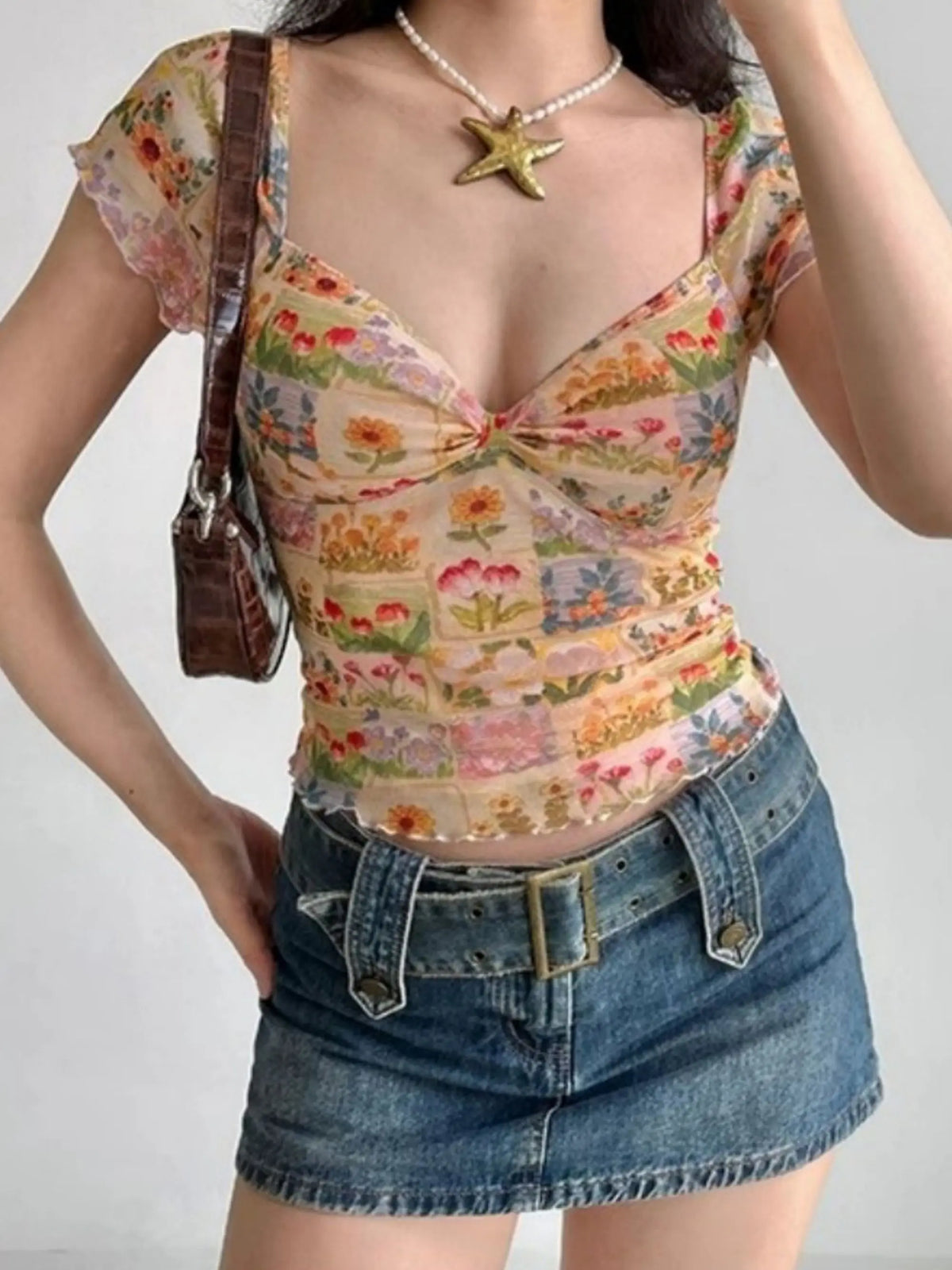 Floral Print Mesh Slim Fit Crop Top Deep Neck Short Sleeve T-Shirt Spicy Girl Top