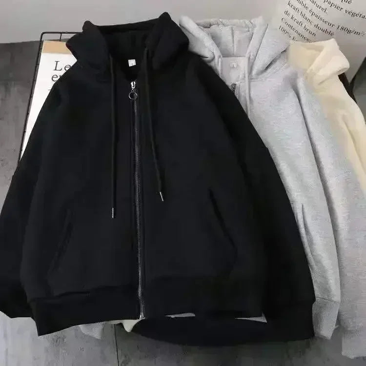 Korean Simple Gray Double Sided Oversized Zipper Hoodie Y2K Harajuku Gothic Casual Joker Couple Sweatshirt
