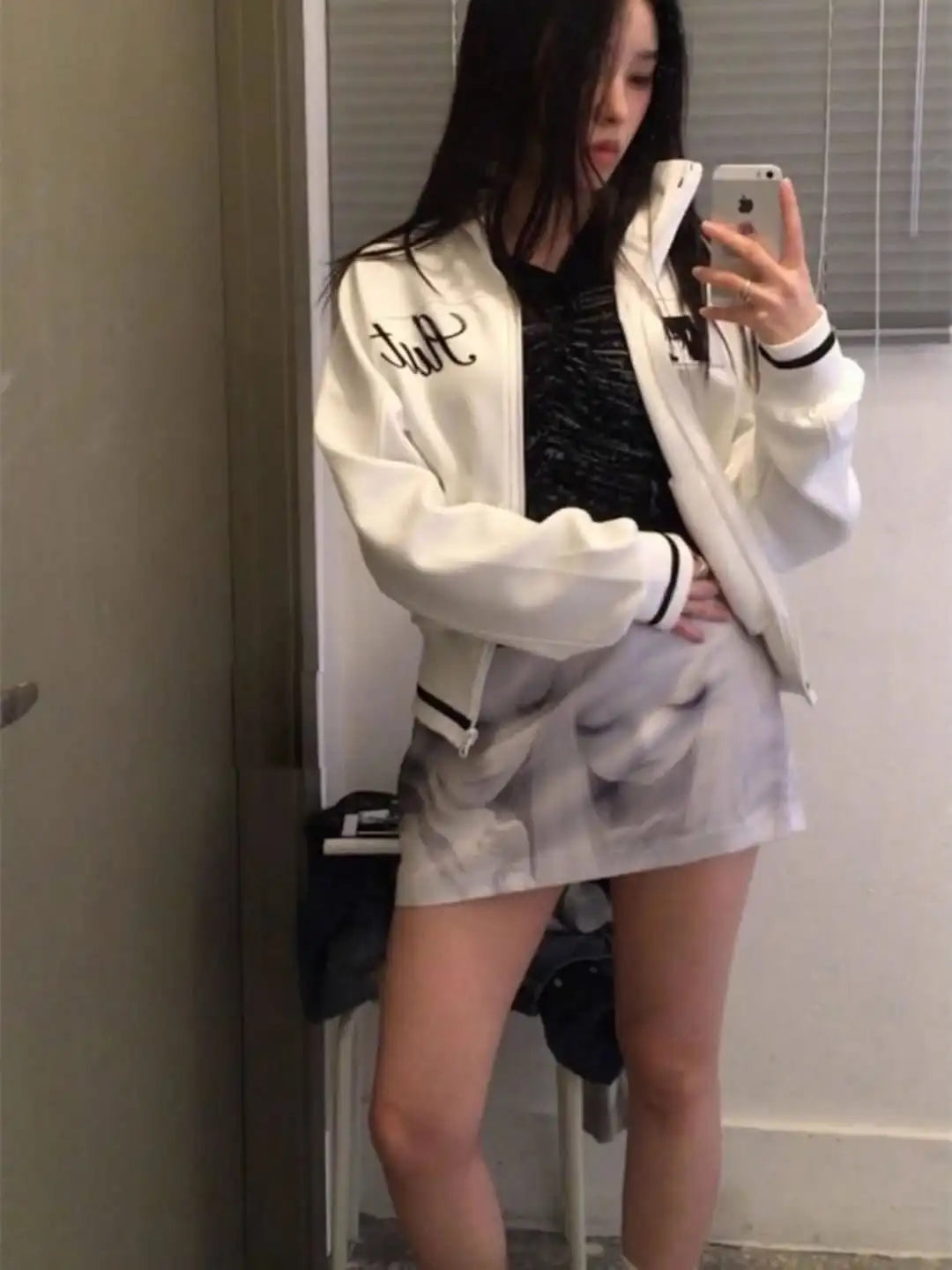 Japanese Subculture Anime Geometric Embroidery Short Jacket Stand Collar Zipper Contrasting Slim