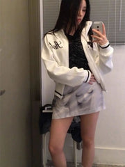 Japanese Subculture Anime Geometric Embroidery Short Jacket Stand Collar Zipper Contrasting Slim