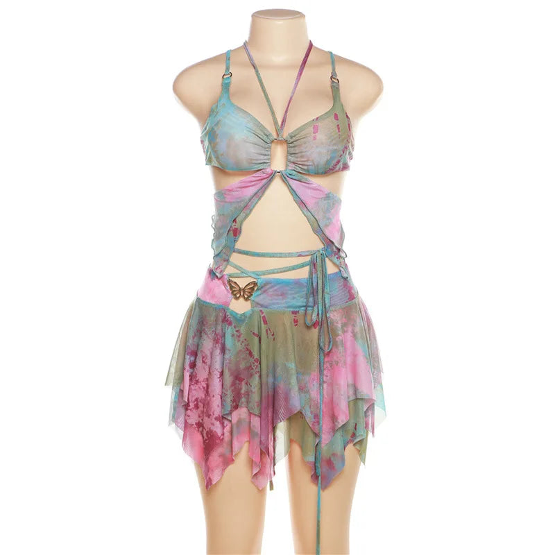 Y2k Ruffle Butterfly 2 Piece Outfit Fairy Backless Crop Top Wrap Mini Skirt Set Rave Festival Matching Set
