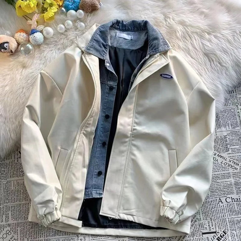 American Embroidered PU Leather Bread Clothes Y2K Street Casual Couple Cotton Coat Warm Coat