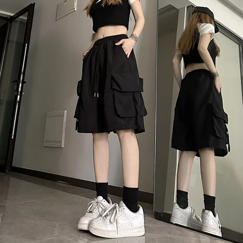 S-3Xl Y2K Cargo Shorts Harajuku Black Oversized Wide Leg Shorts Streetwear High Waist Baggy Short Pants New