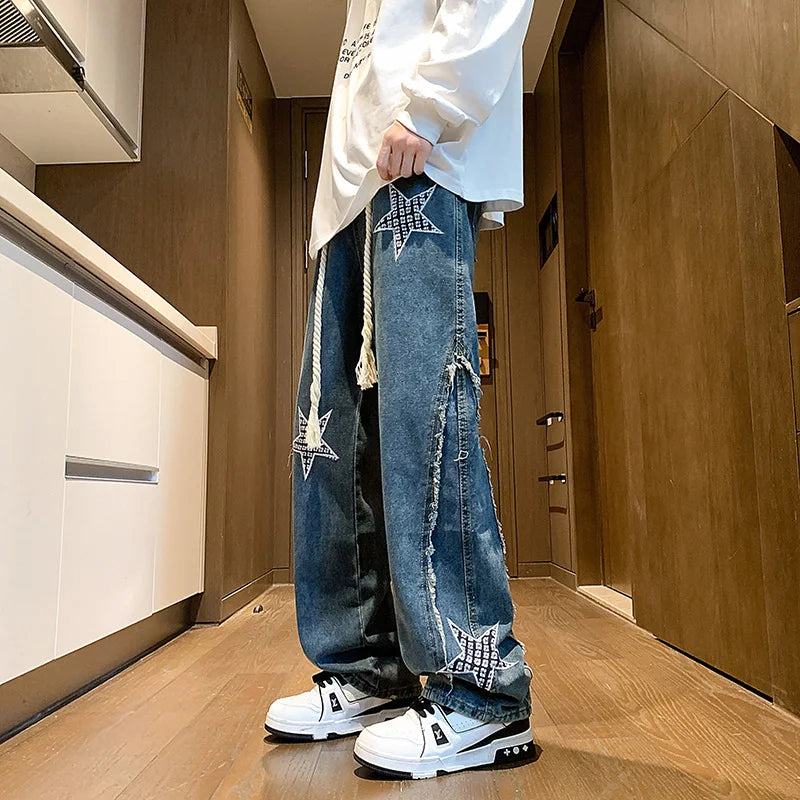 Jeans Patchwork Straight-leg jeans Personalized five-pointed star design Stretch waistband street jeans