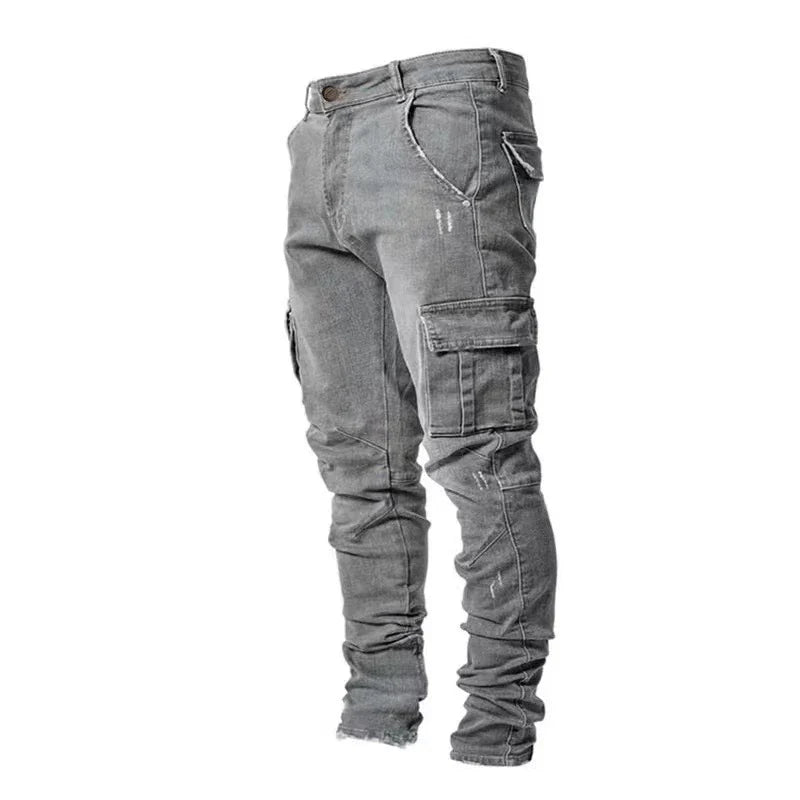Street Elastic Denim Jeans Wash Solid Color Multi Pockets Cargo Pants Casual Slim Fit Daily Wear Joggers Mid Waist Trousers